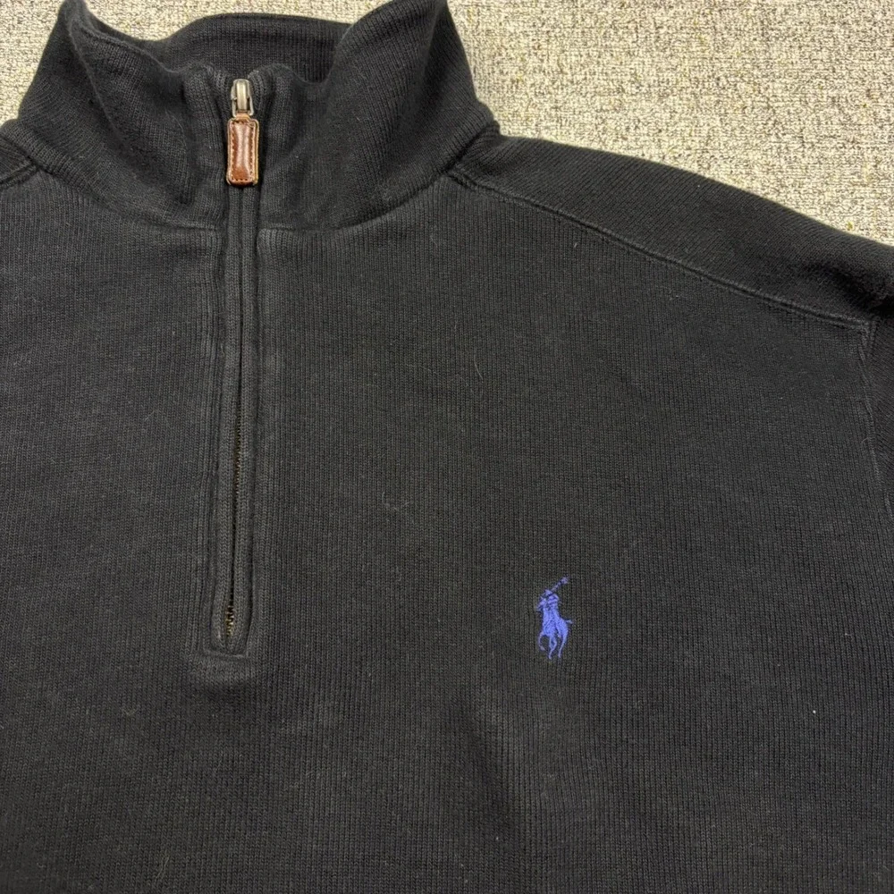 Polo Ralph Lauren Mens Quarter Zip Pullover Black Cotton Sweater Large Pony Logo